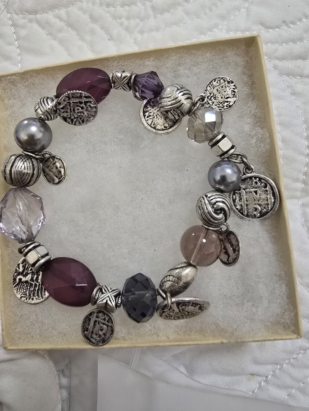 BeautifulSilver Tone Beaded Charm Bracelet in Purple and Gray